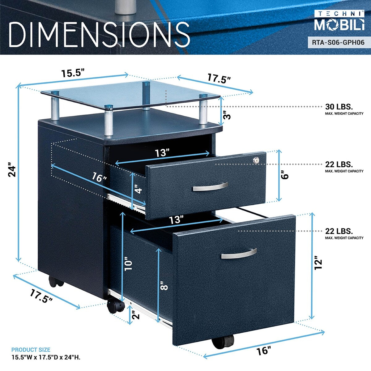 Techni Mobili Rolling File Cabinet with Glass Top