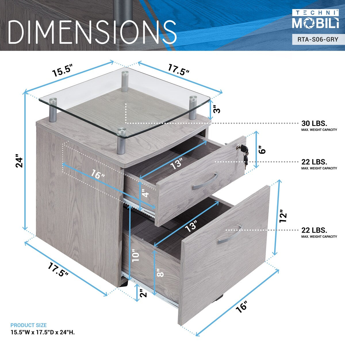 Techni Mobili Rolling File Cabinet with Glass Top