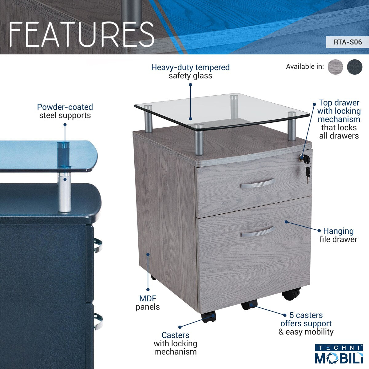 Techni Mobili Rolling File Cabinet with Glass Top