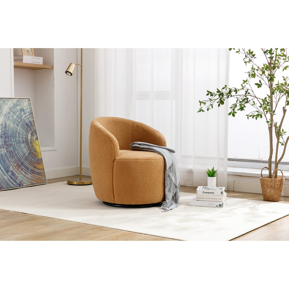 Teddy Fabric Swivel Accent Armchair Barrel Chair With Black Powder Coating Metal Ring,Khaki