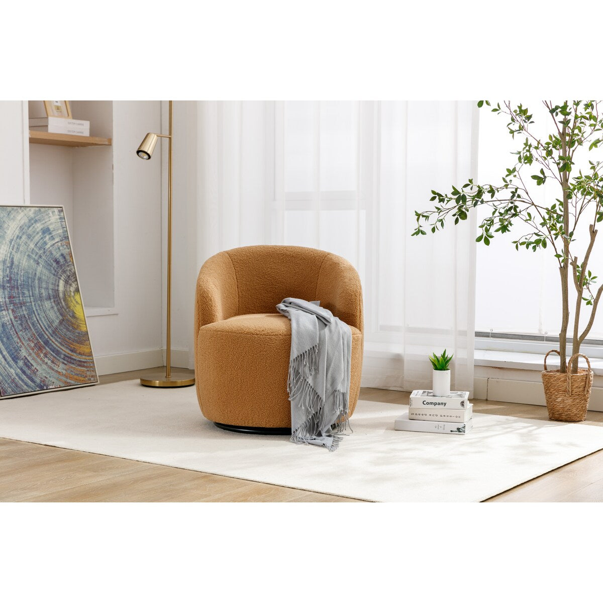 Teddy Fabric Swivel Accent Armchair Barrel Chair With Black Powder Coating Metal Ring,Khaki