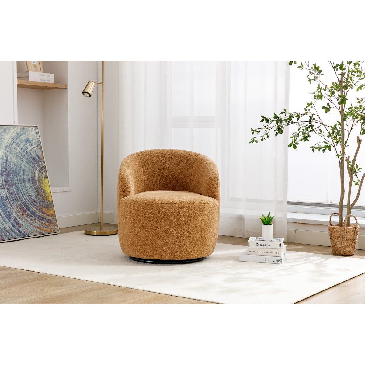 Teddy Fabric Swivel Accent Armchair Barrel Chair With Black Powder Coating Metal Ring,Khaki