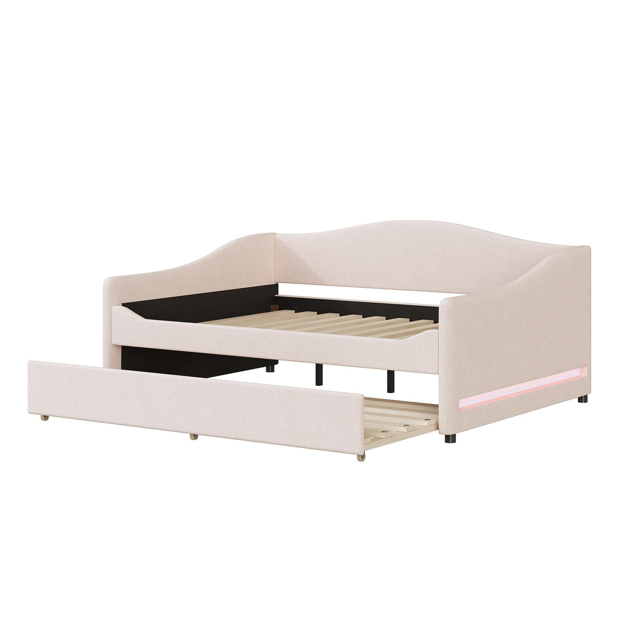 Teddy Fleece Full Size Upholstered Daybed with Light and Trundle, Beige