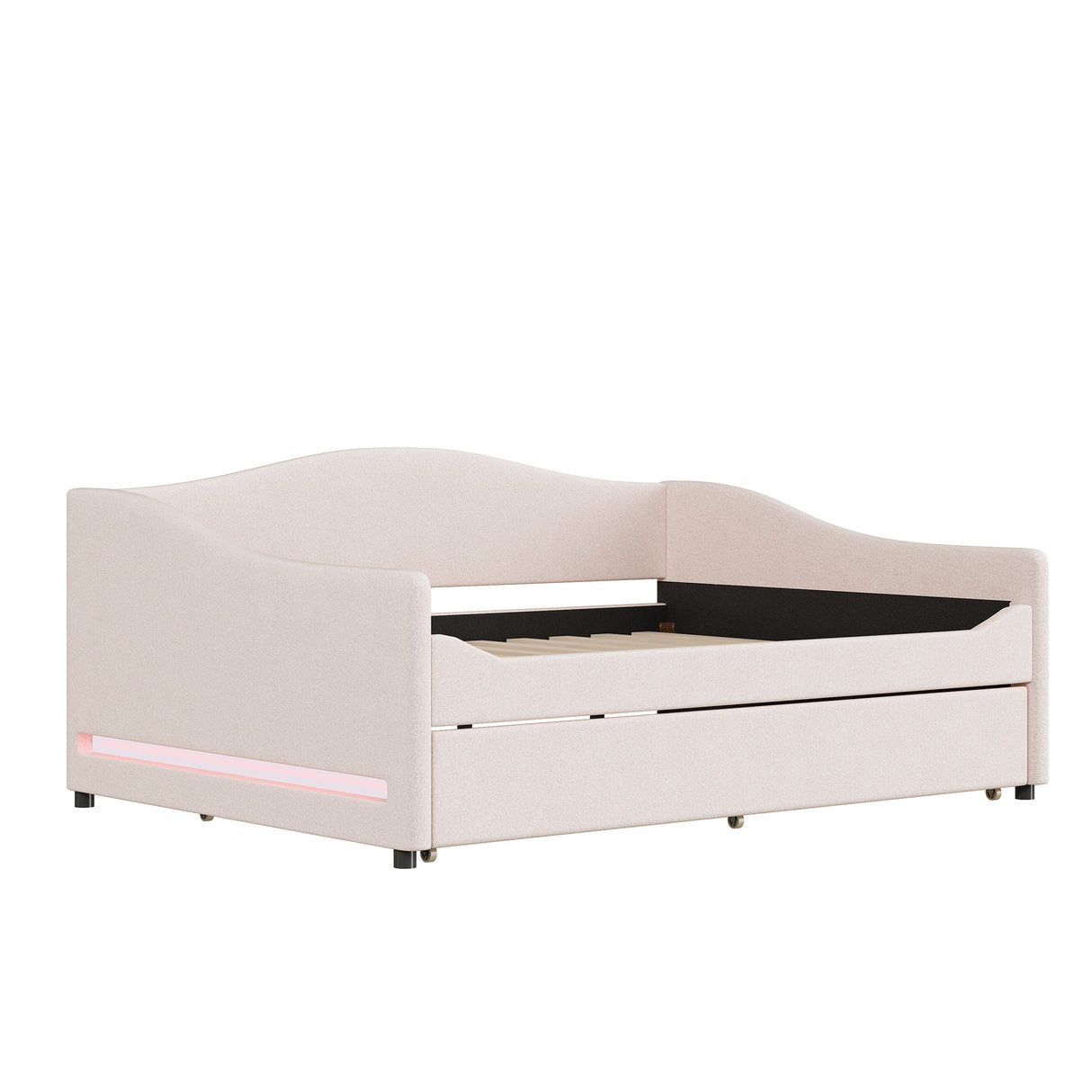 Teddy Fleece Full Size Upholstered Daybed with Light and Trundle, Beige