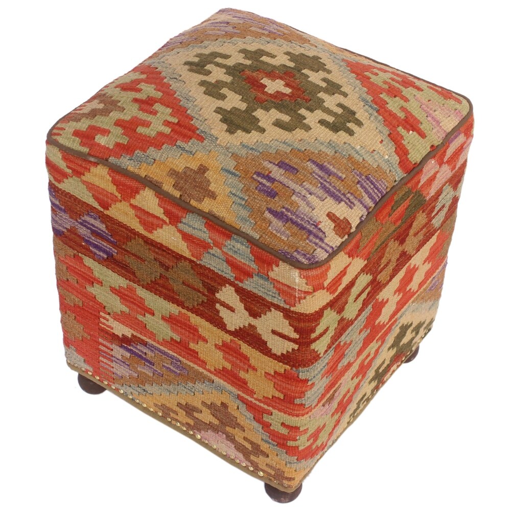 Tegan Rust/Tan Kilim Upholstered Handmade Ottoman(20"x15"x15")