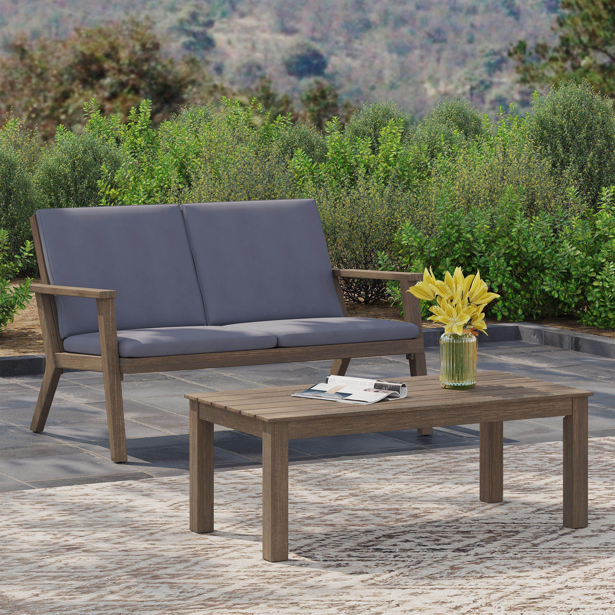 Temecula Acacia Wood Outdoor Loveseat and Coffee Table Set with Cushions by Christopher Knight Home
