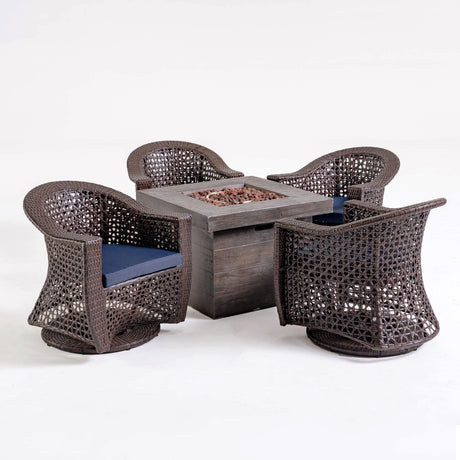 Tempe Outdoor 4-Seater Wicker Swivel Chairs with Fire Pit Set (Set of 4) by Christopher Knight Home