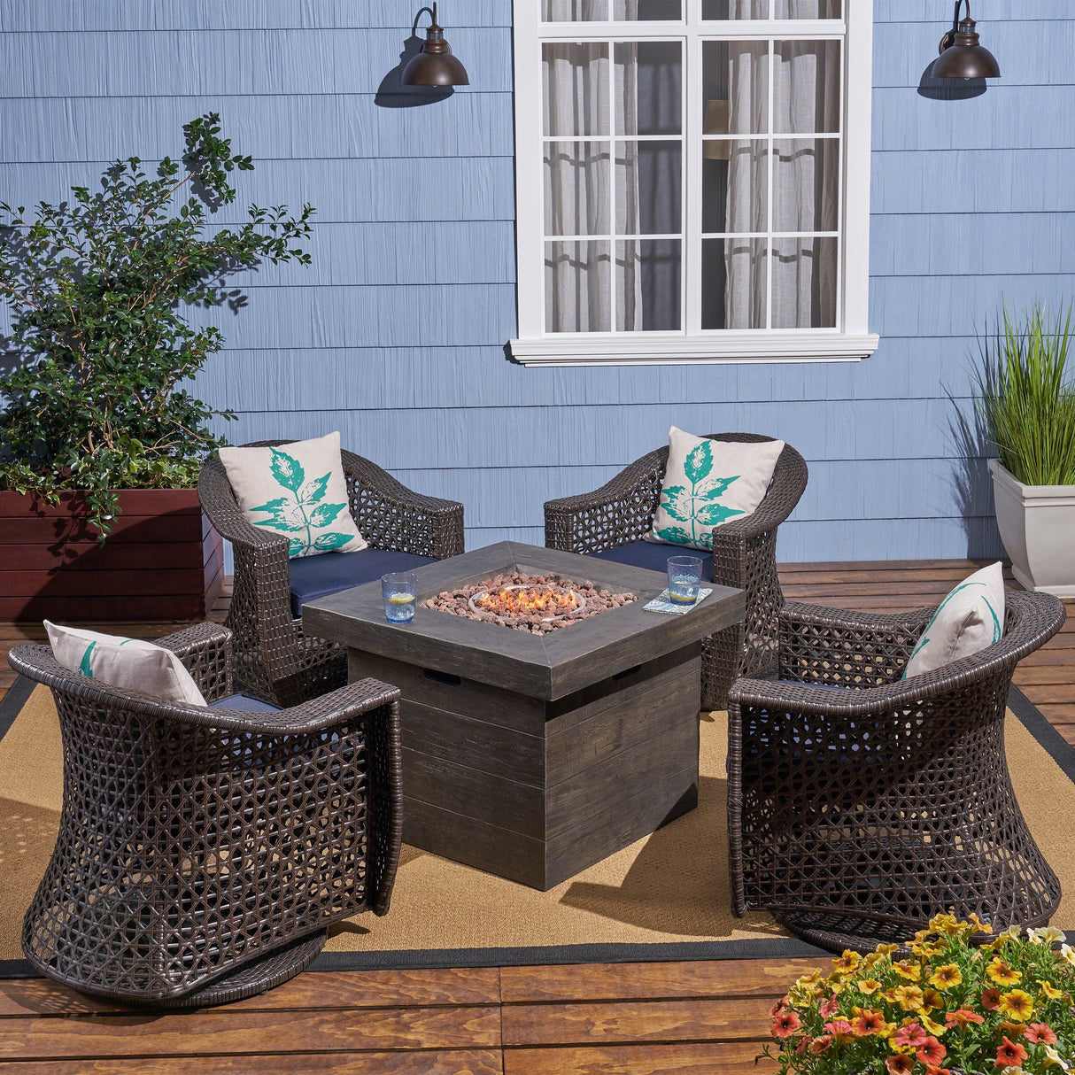 Tempe Outdoor 4-Seater Wicker Swivel Chairs with Fire Pit Set (Set of 4) by Christopher Knight Home