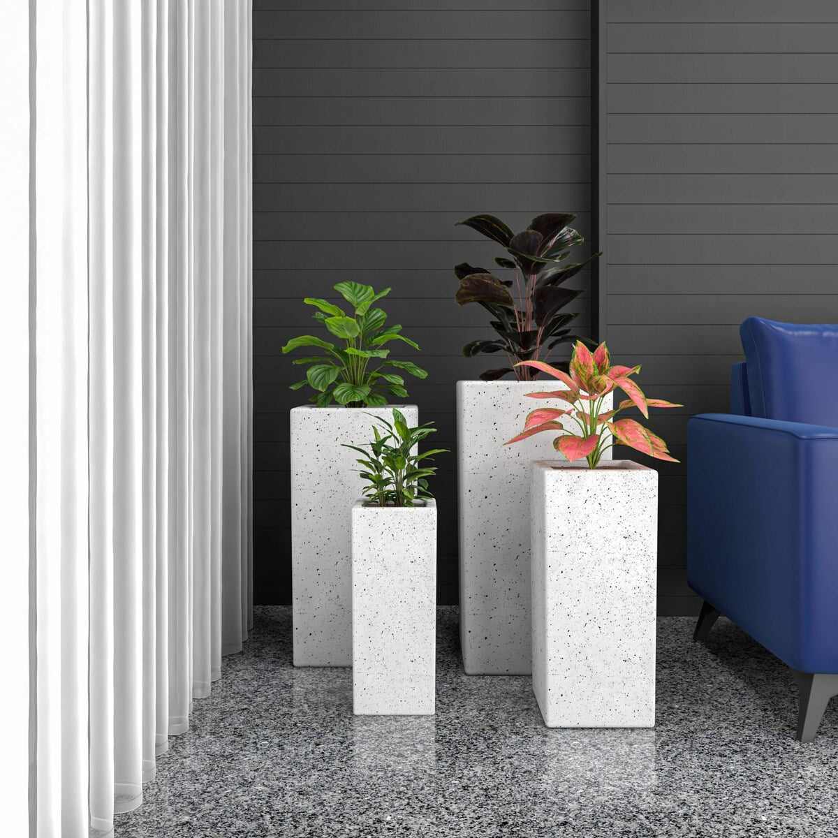 Terra 4-Piece Tall Square Fiberstone and MGO Clay Planter Set With Drainage Holes for Home Office Garden Patio Porch Yard