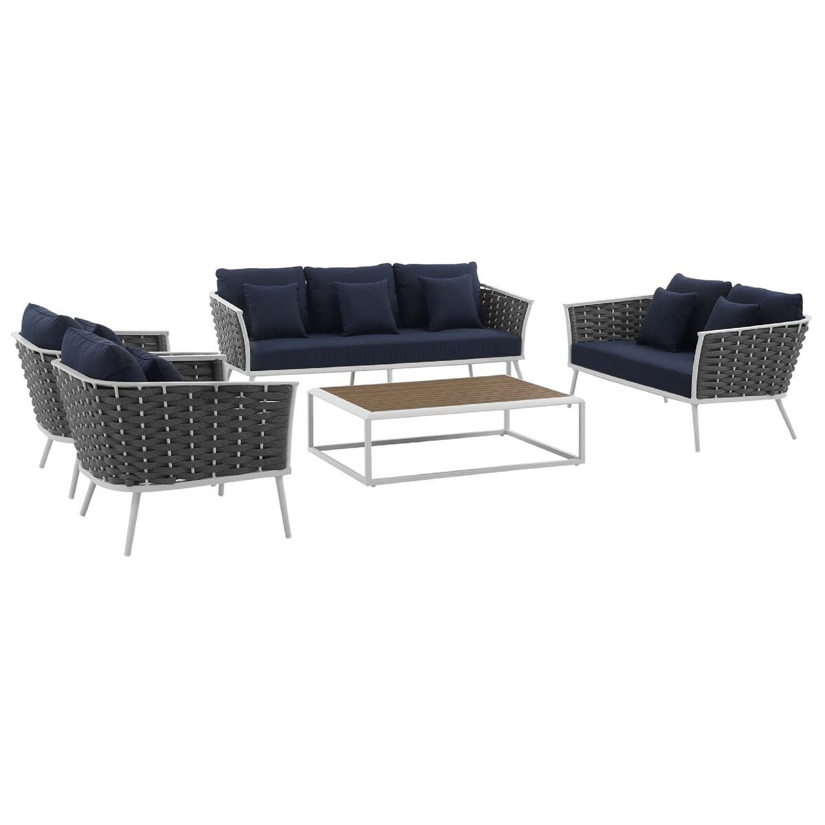 Tess 5 Piece Patio Sectional Sofa Set, All Weather Fabric, Blue, White