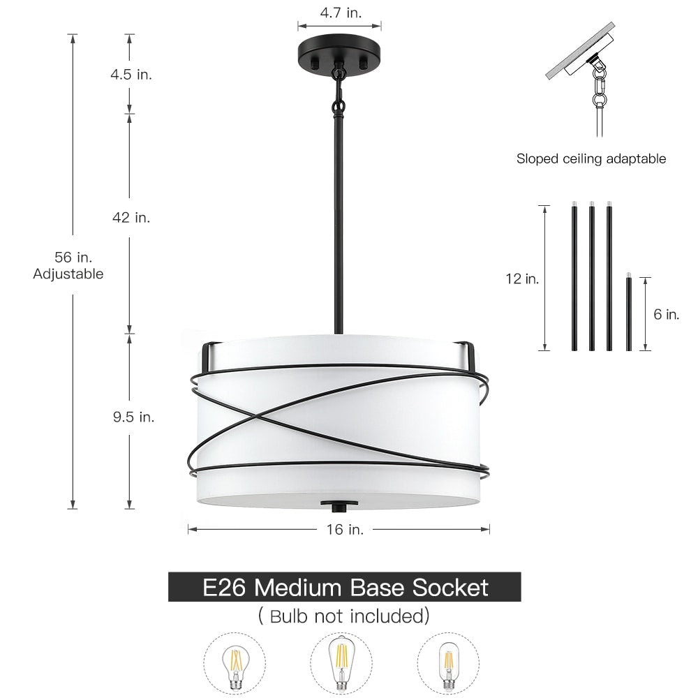 Tetra 3-Light Drum Pendant Chandelier with Black Canopy - 16 in. W