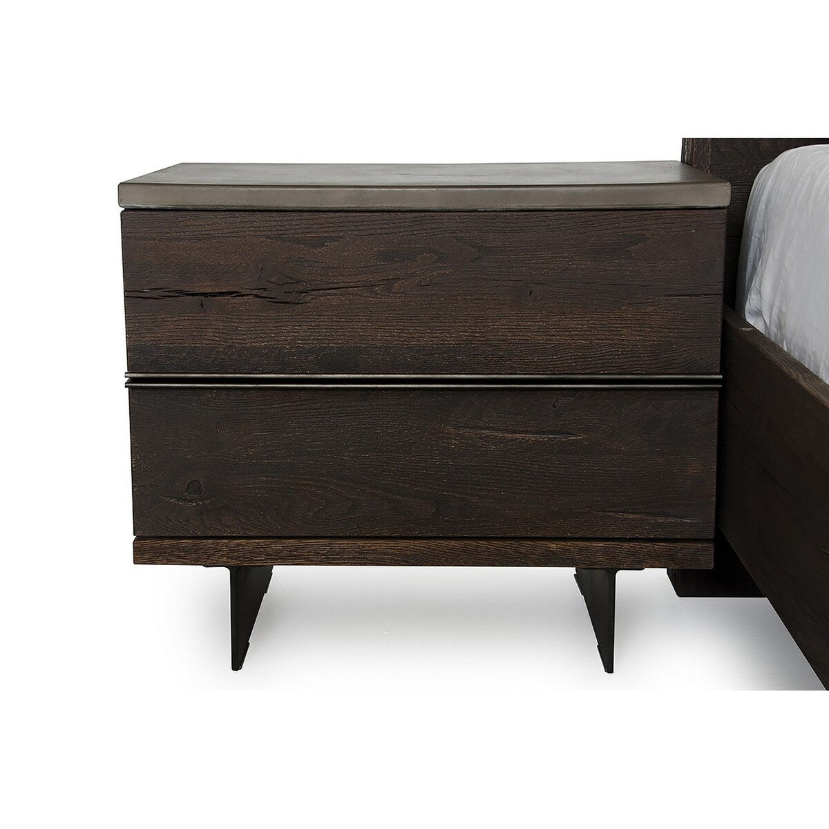 Textured Concrete Top Nightstand with Metal Panel Legs, Brown and Black