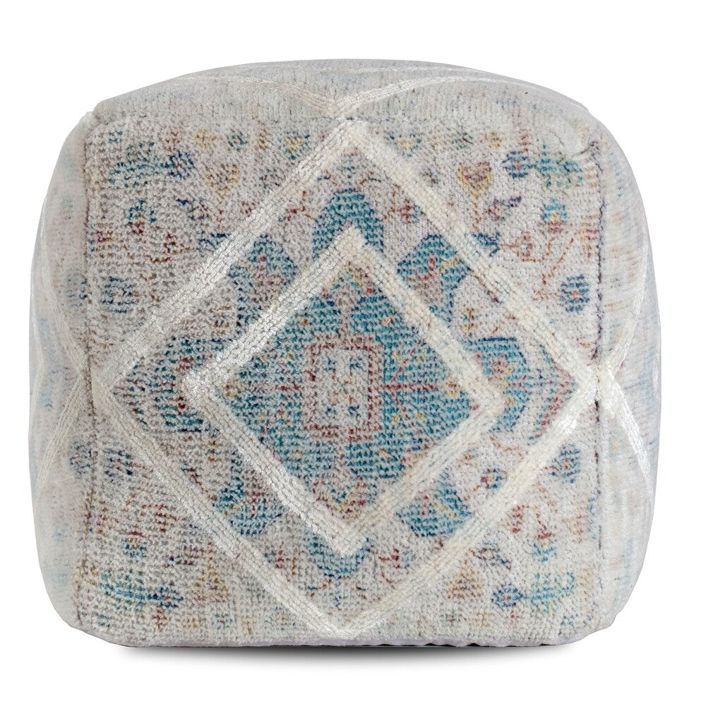 Jani Textured Medallion 20-inch Square Ivory Pouf Ottoman
