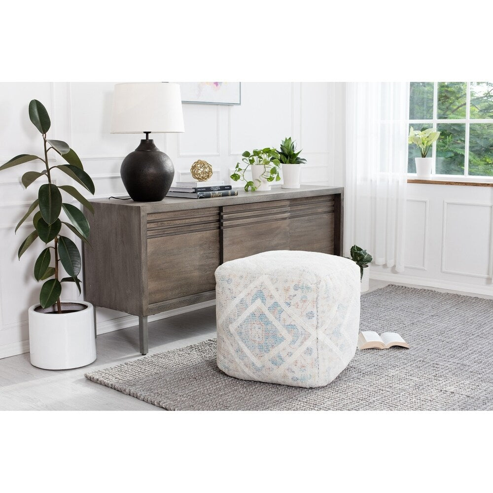 Jani Textured Medallion 20-inch Square Ivory Pouf Ottoman