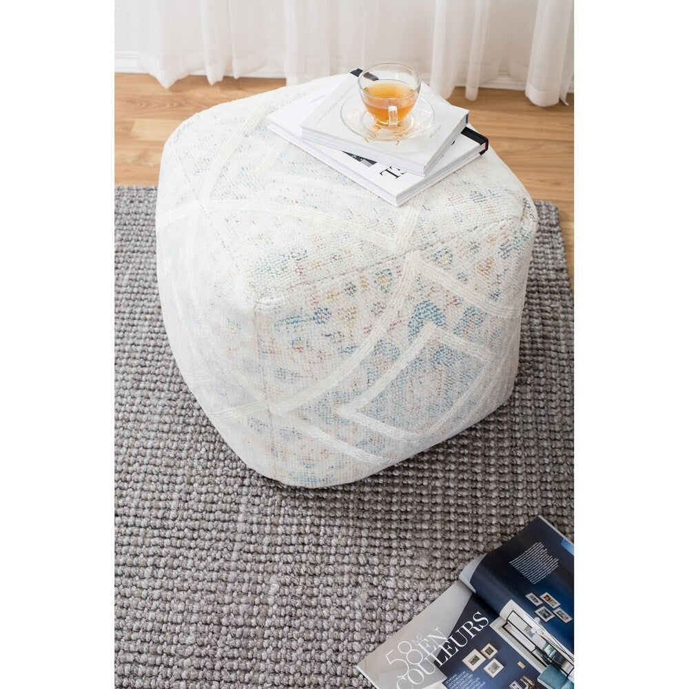 Jani Textured Medallion 20-inch Square Ivory Pouf Ottoman