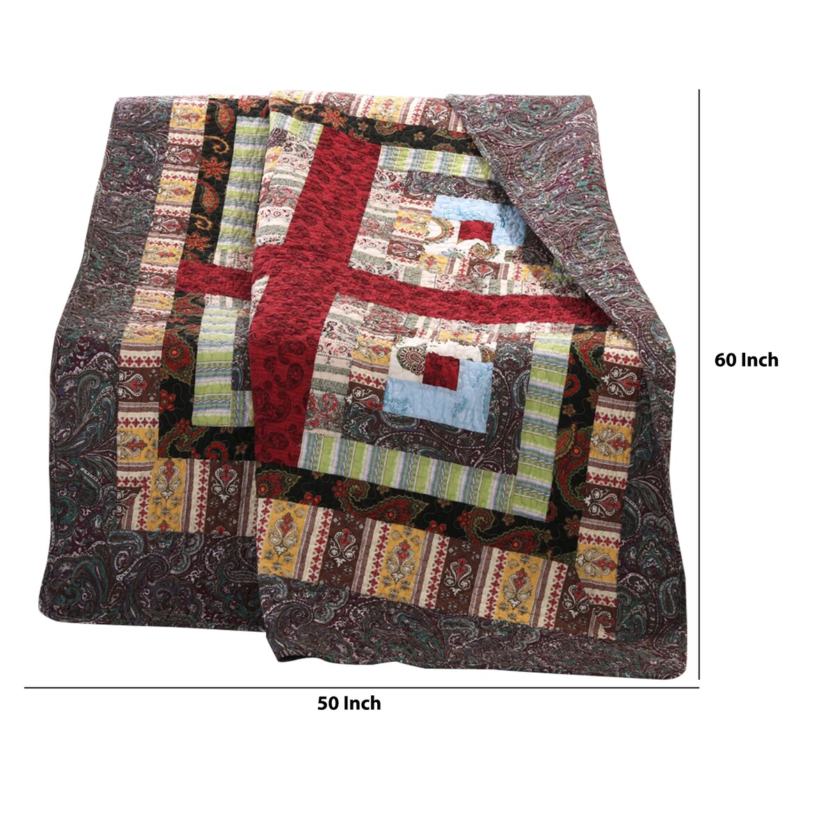 Thames 60 x 50 Inches Cotton Throw with Log Cabin Print, Multicolor