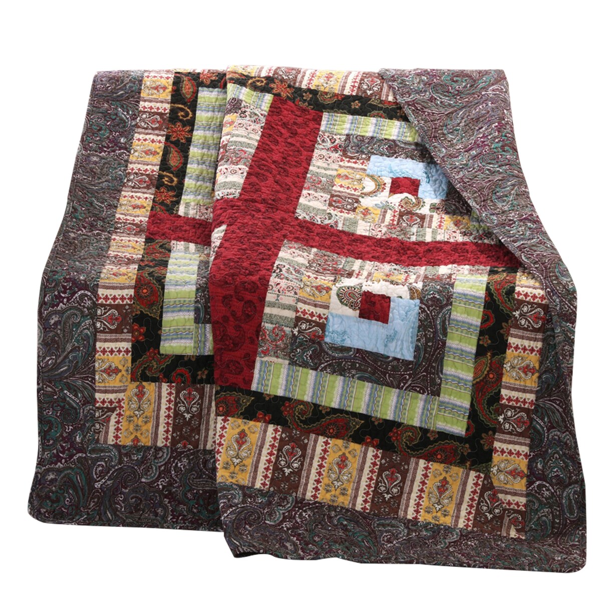 Thames 60 x 50 Inches Cotton Throw with Log Cabin Print, Multicolor