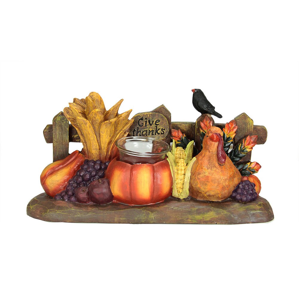 Thanksgiving Autumn Harvest 'Give Thanks' Tea Light 6-inch Candle Holders (Set of 2)