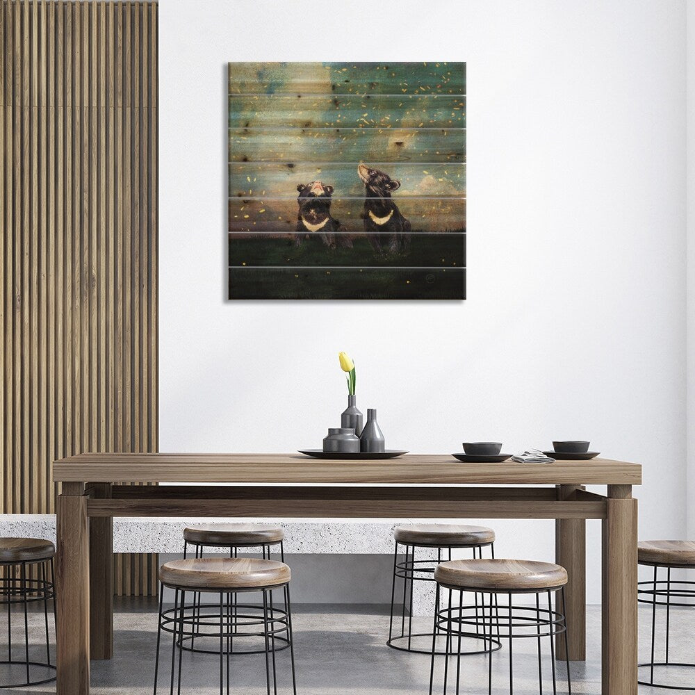 The Bear Brothers And The Firefly Show Print On Wood by Paula Belle Flores - Multi-Color