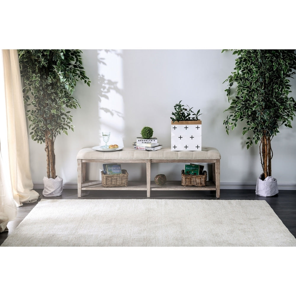 Beavers Point Rustic Linen Tufted Storage Entryway Bench by The Gray Barn