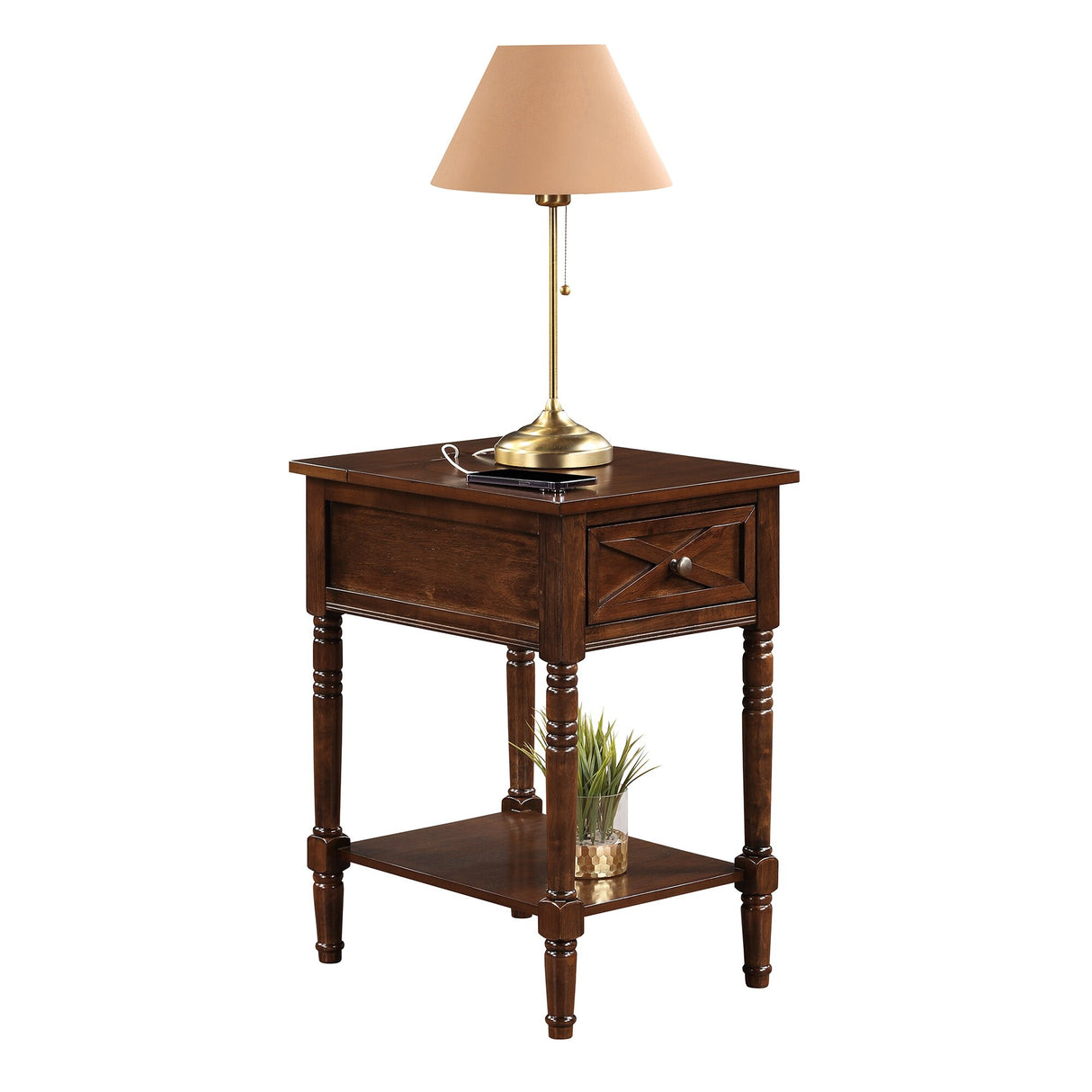 Convenience Concepts Country Oxford 1 Drawer End Table with Charging Station and Shelf