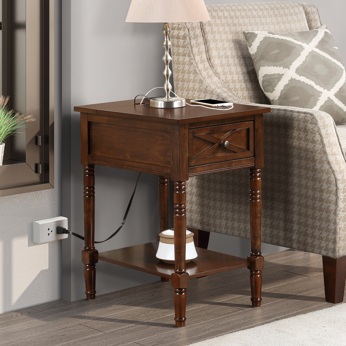 Convenience Concepts Country Oxford 1 Drawer End Table with Charging Station and Shelf