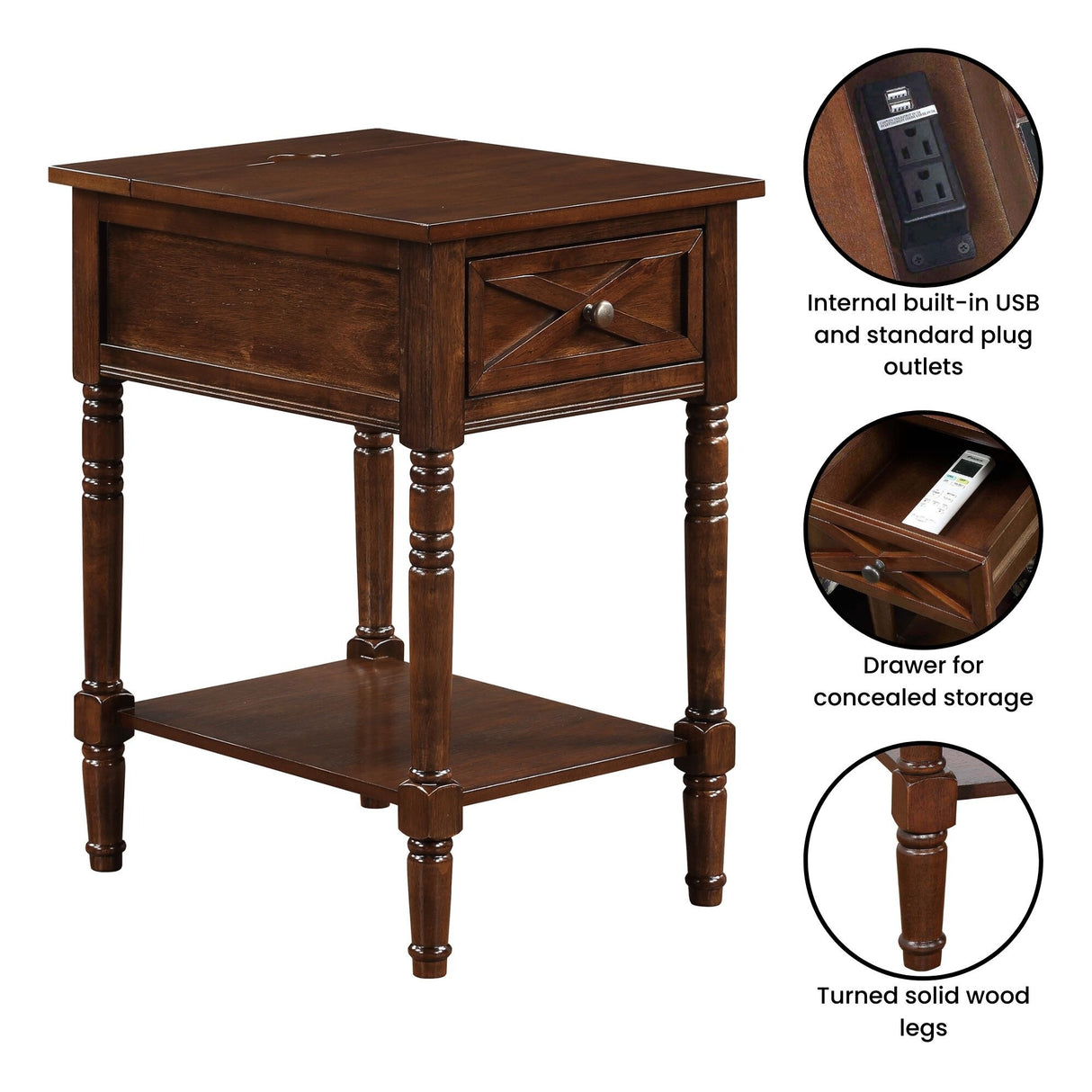 Convenience Concepts Country Oxford 1 Drawer End Table with Charging Station and Shelf