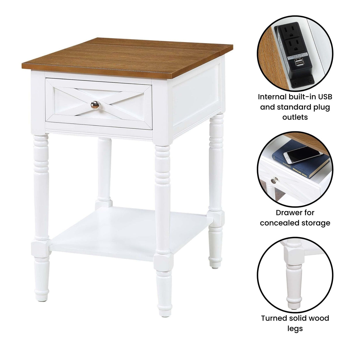 Convenience Concepts Country Oxford 1 Drawer End Table with Charging Station and Shelf