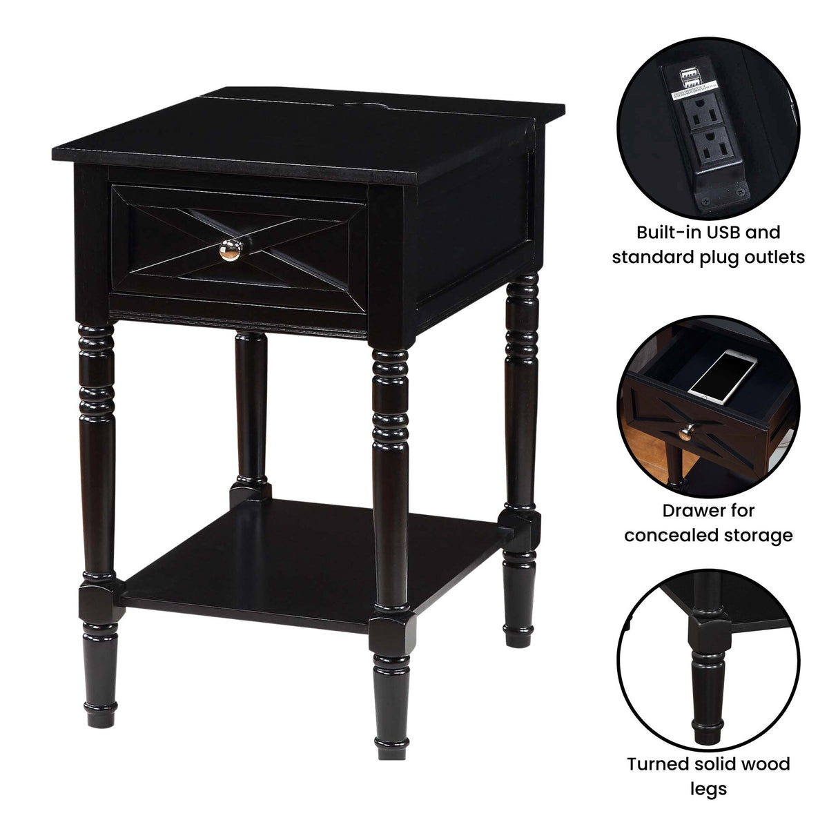 Convenience Concepts Country Oxford 1 Drawer End Table with Charging Station and Shelf