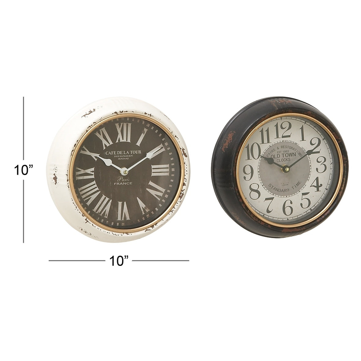 White Iron Vintage Wall Clock No Theme (Set of 2) - 10"L, 10"H