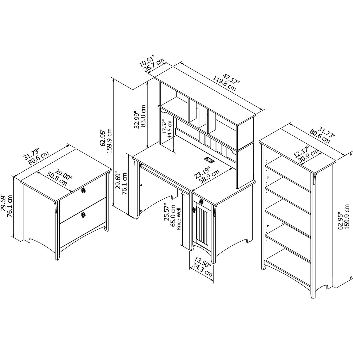 Mission Desk with Hutch, Lateral File Cabinet and 5-shelf Bookcase - 47.17"L x 23.19"W x 62.95"H - 47.17"L x 23.19"W x 62.95"H