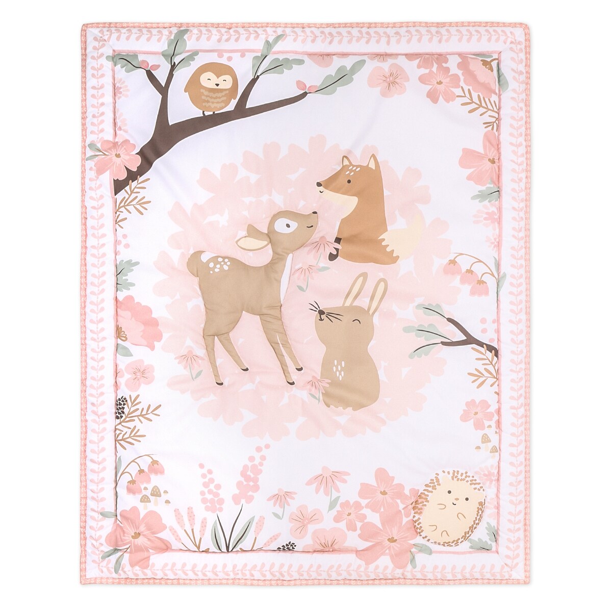 The Peanutshell Pink and White Fairytale Forest Crib Bedding Set for Baby Girls, 3 Piece Nursery Set