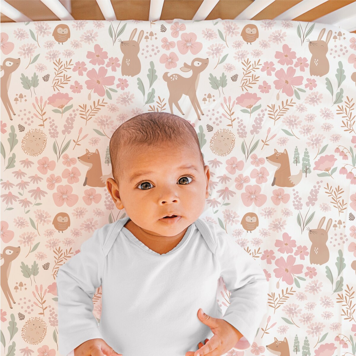 The Peanutshell Pink and White Fairytale Forest Crib Bedding Set for Baby Girls, 3 Piece Nursery Set