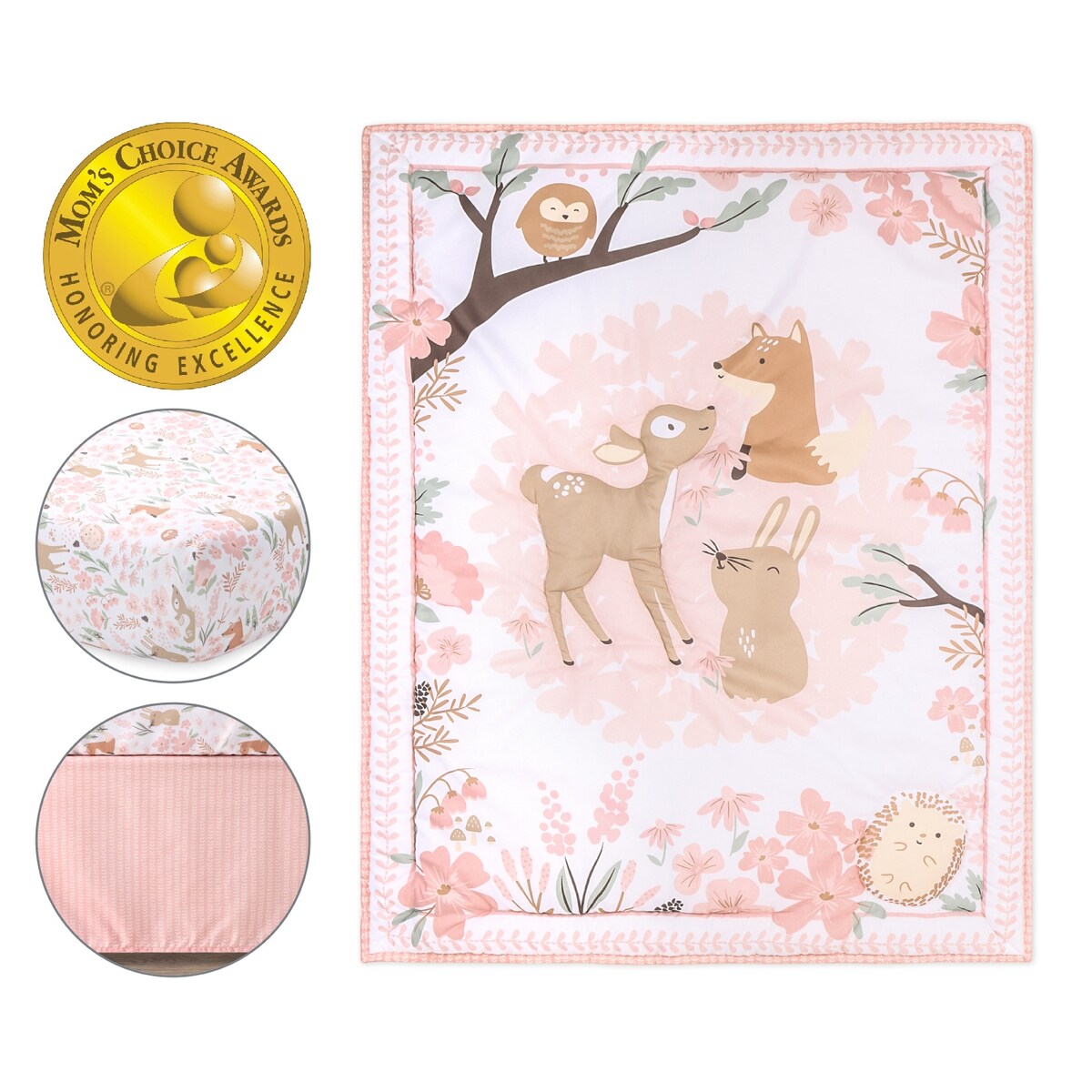 The Peanutshell Pink and White Fairytale Forest Crib Bedding Set for Baby Girls, 3 Piece Nursery Set