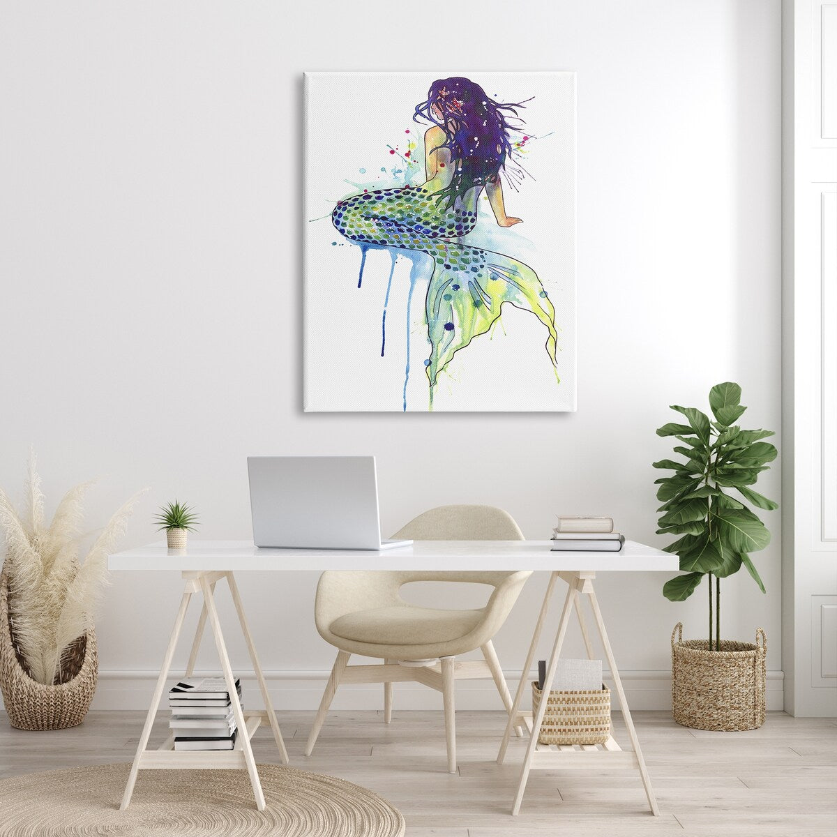 Stupell Dripping Watercolor Mermaid with Her Back Turned Canvas Wall Art, 16 x 20, Proudly Made in USA - Multi-Color