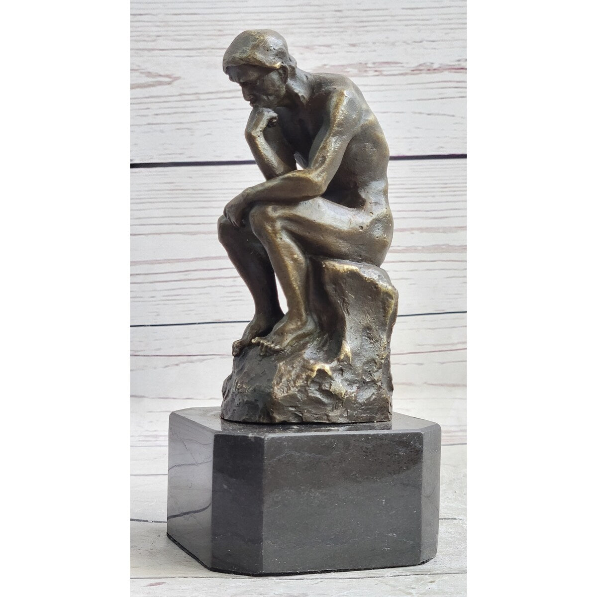 The Thinker Thinking Man By Auguste Rodin Bronze Sculpture Statue Figure On Marble Base