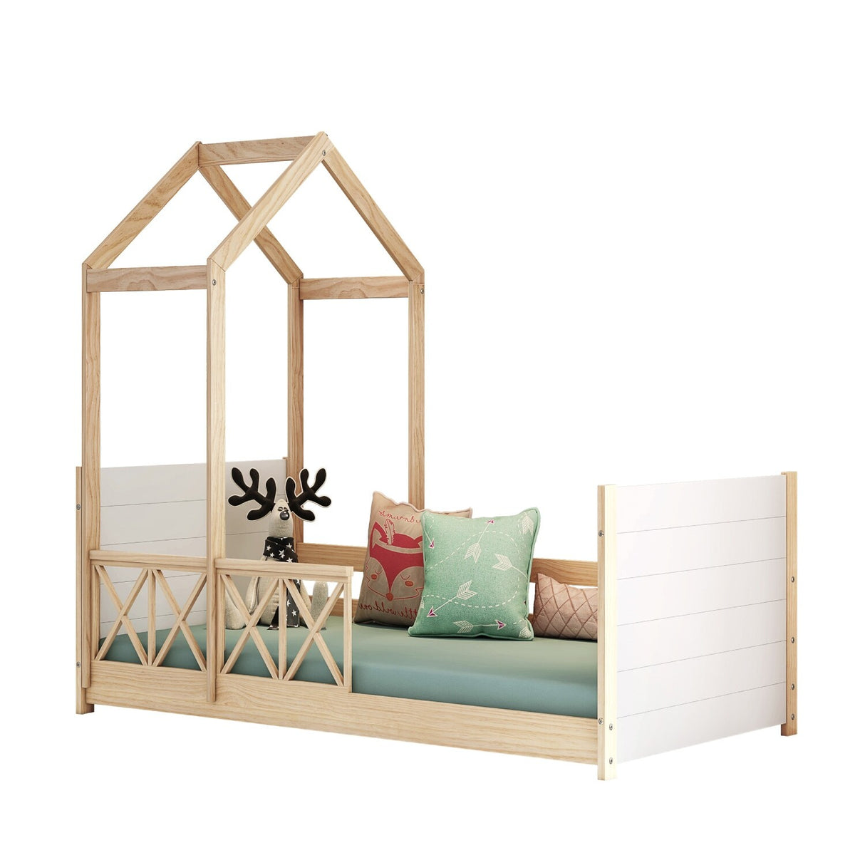 Themes and Rooms Daybed Montessorian Woody Twin with roof and Guardrails