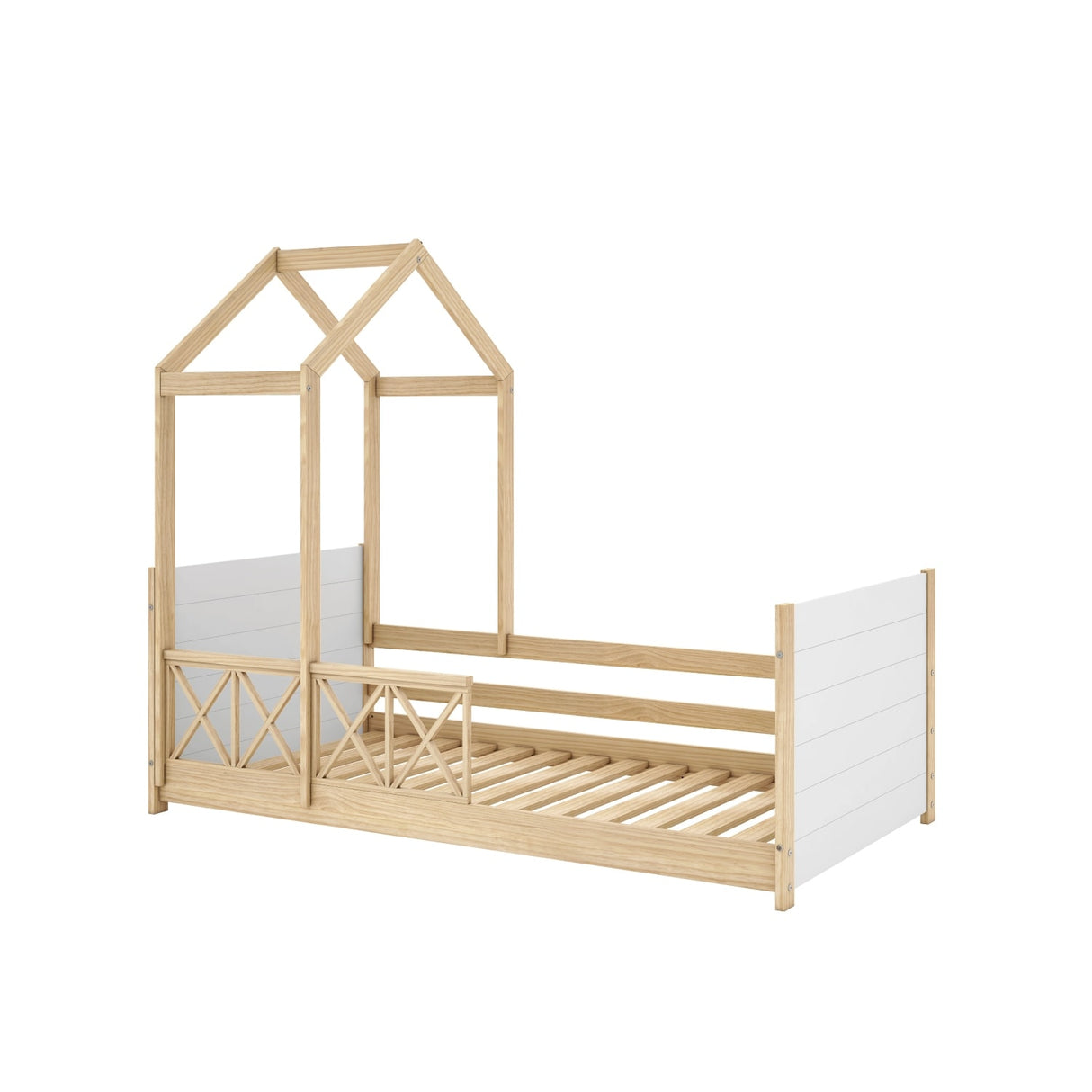 Themes and Rooms Daybed Montessorian Woody Twin with roof and Guardrails