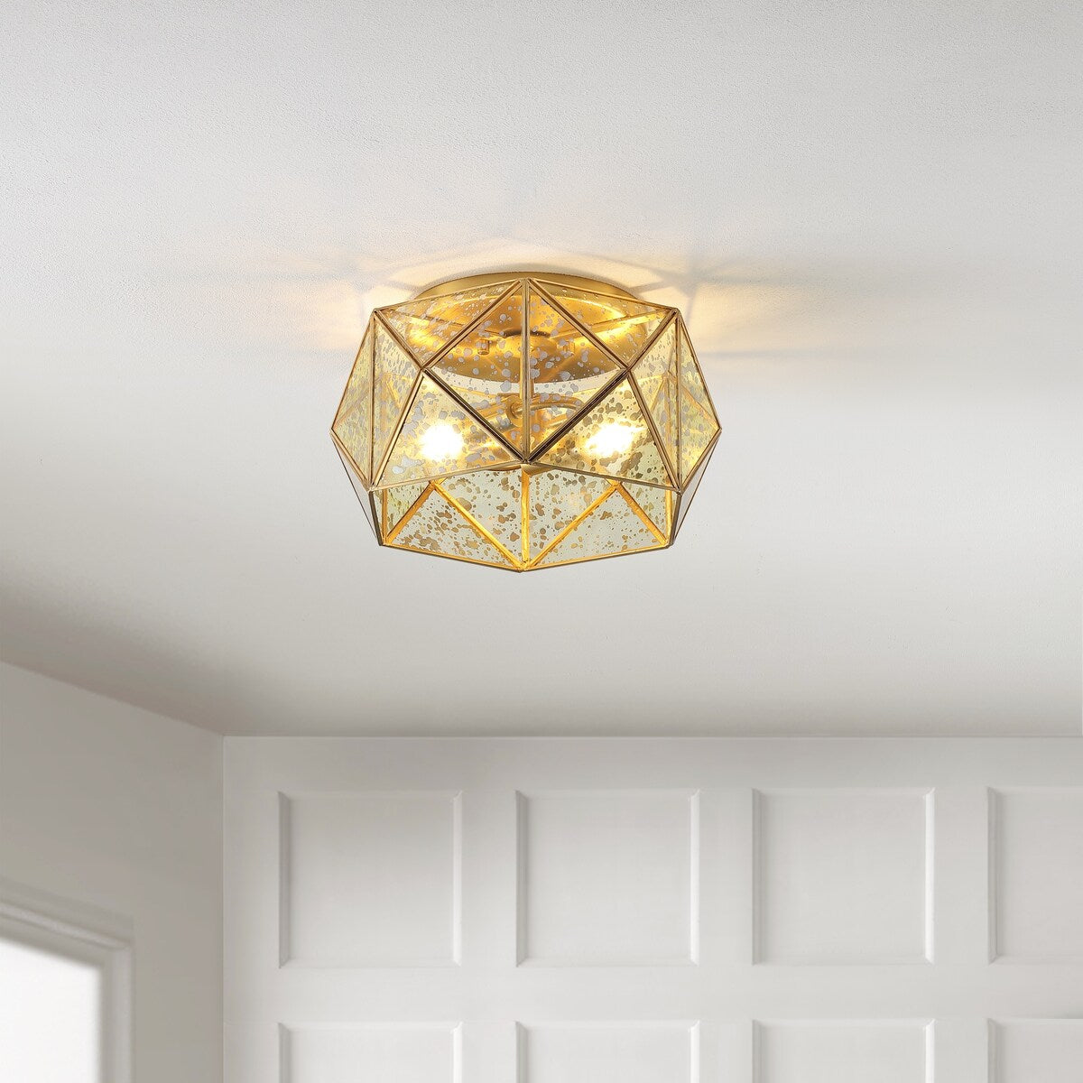Theo 12.5" 2-Light Industrial Vintage Iron/Glass LED Flush Mount, Brass Gold by JONATHAN Y - 2 Light
