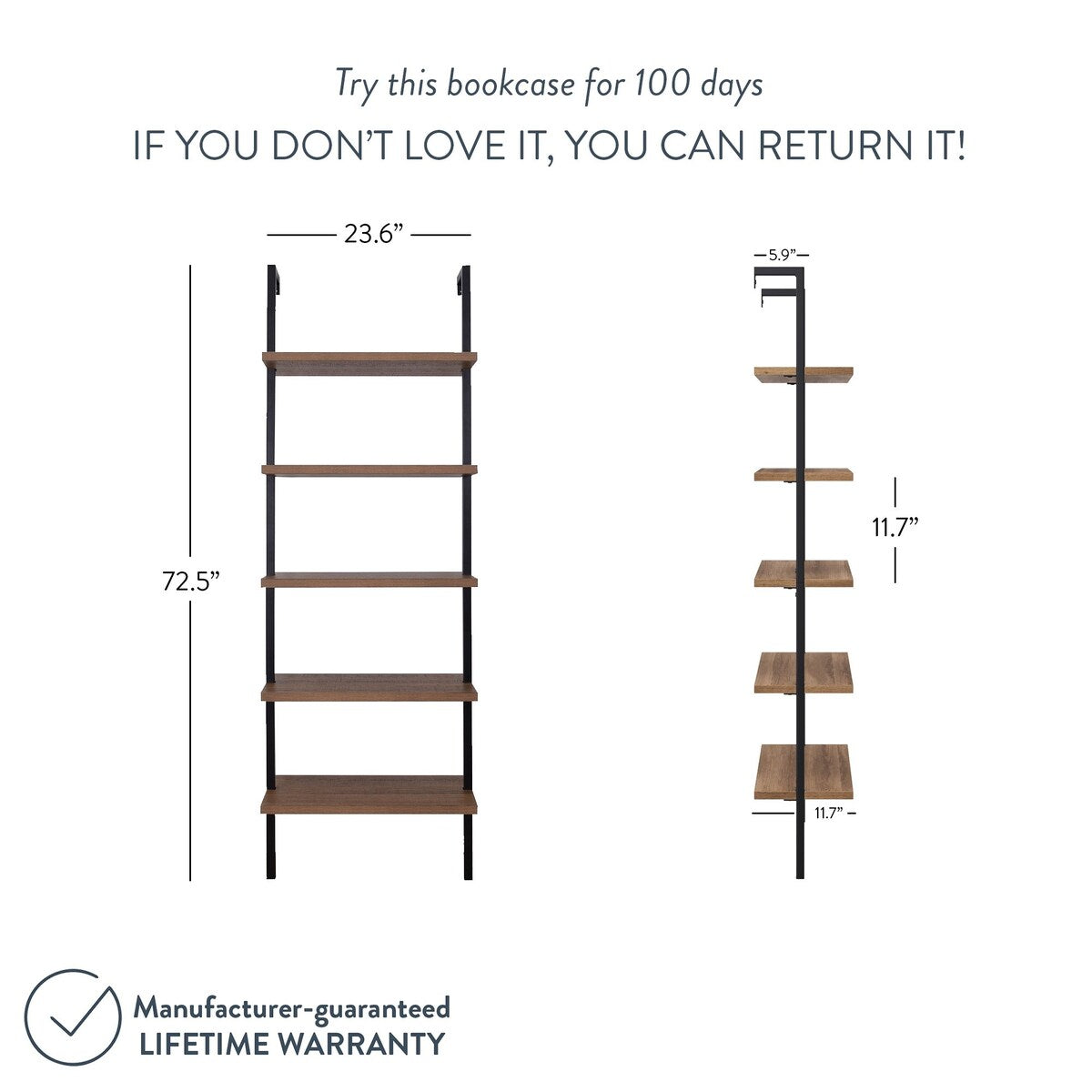 Theo Industrial 5-Shelf Reclaimed Wood Ladder Bookcase with Oak Open Shelves and Black Metal Frame
