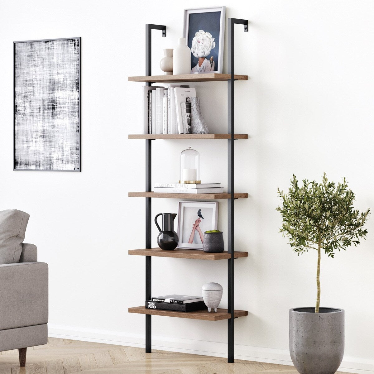 Theo Industrial 5-Shelf Reclaimed Wood Ladder Bookcase with Oak Open Shelves and Black Metal Frame