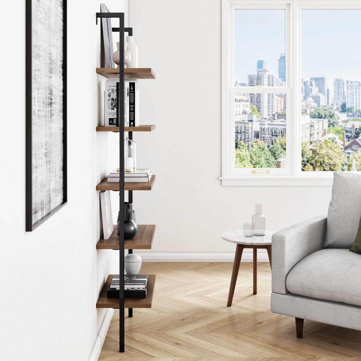 Theo Industrial 5-Shelf Reclaimed Wood Ladder Bookcase with Oak Open Shelves and Black Metal Frame