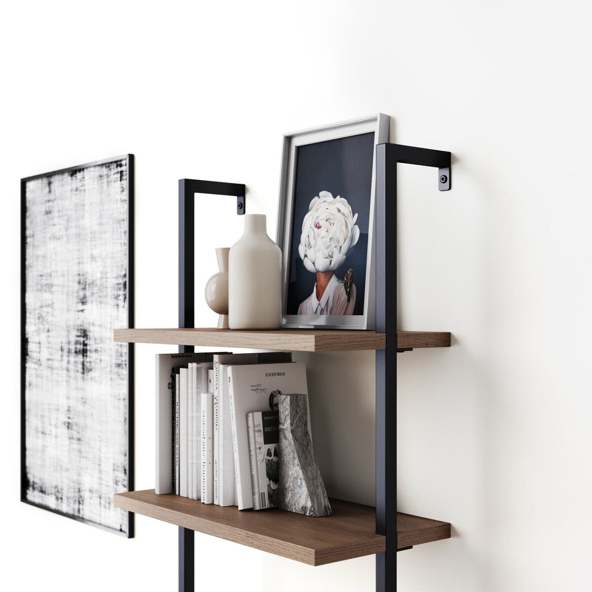 Theo Industrial 5-Shelf Reclaimed Wood Ladder Bookcase with Oak Open Shelves and Black Metal Frame