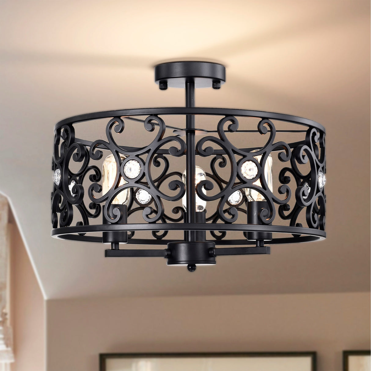 Theofy 18 Inch Glam-Modern Drum Shade Semi Flush Mount 3-Light