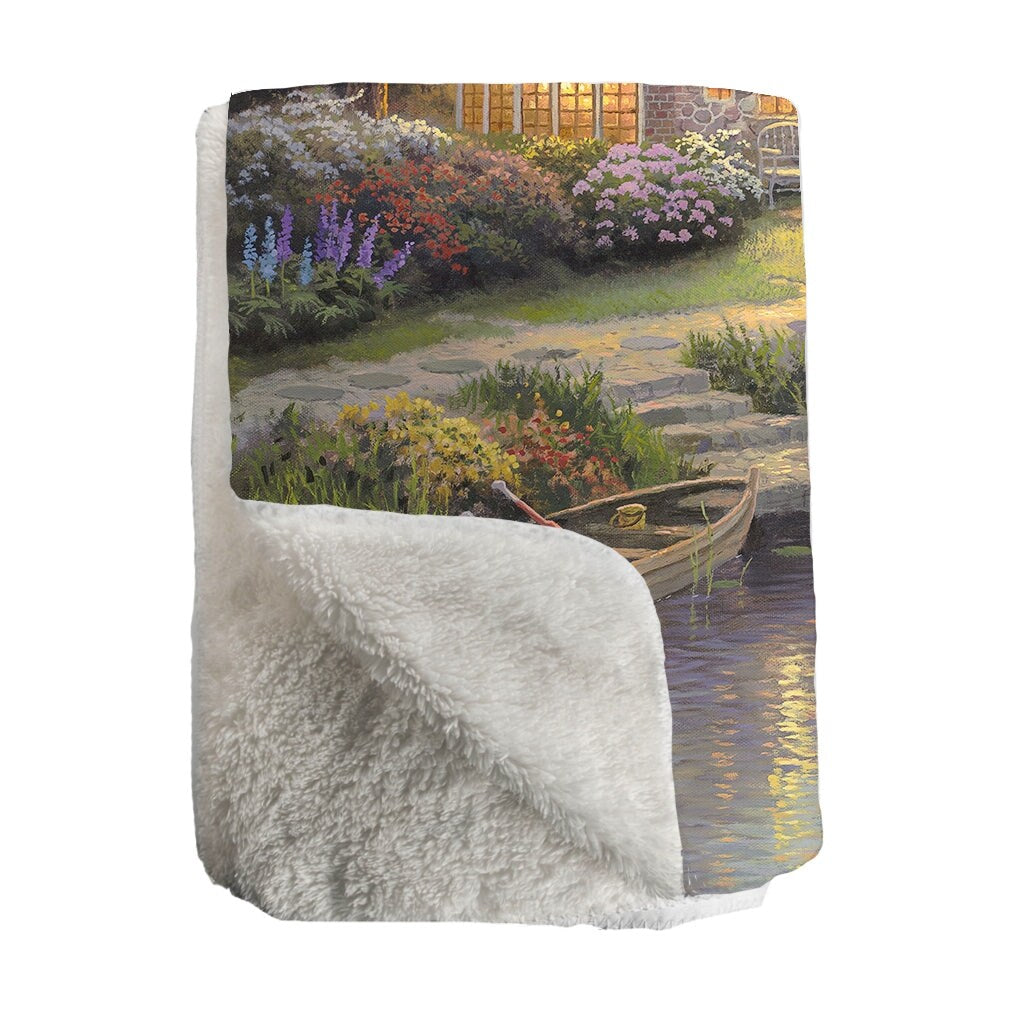Thomas Kinkade Sunset on Lamplight Lane Sherpa Throw Blanket By Laural Home
