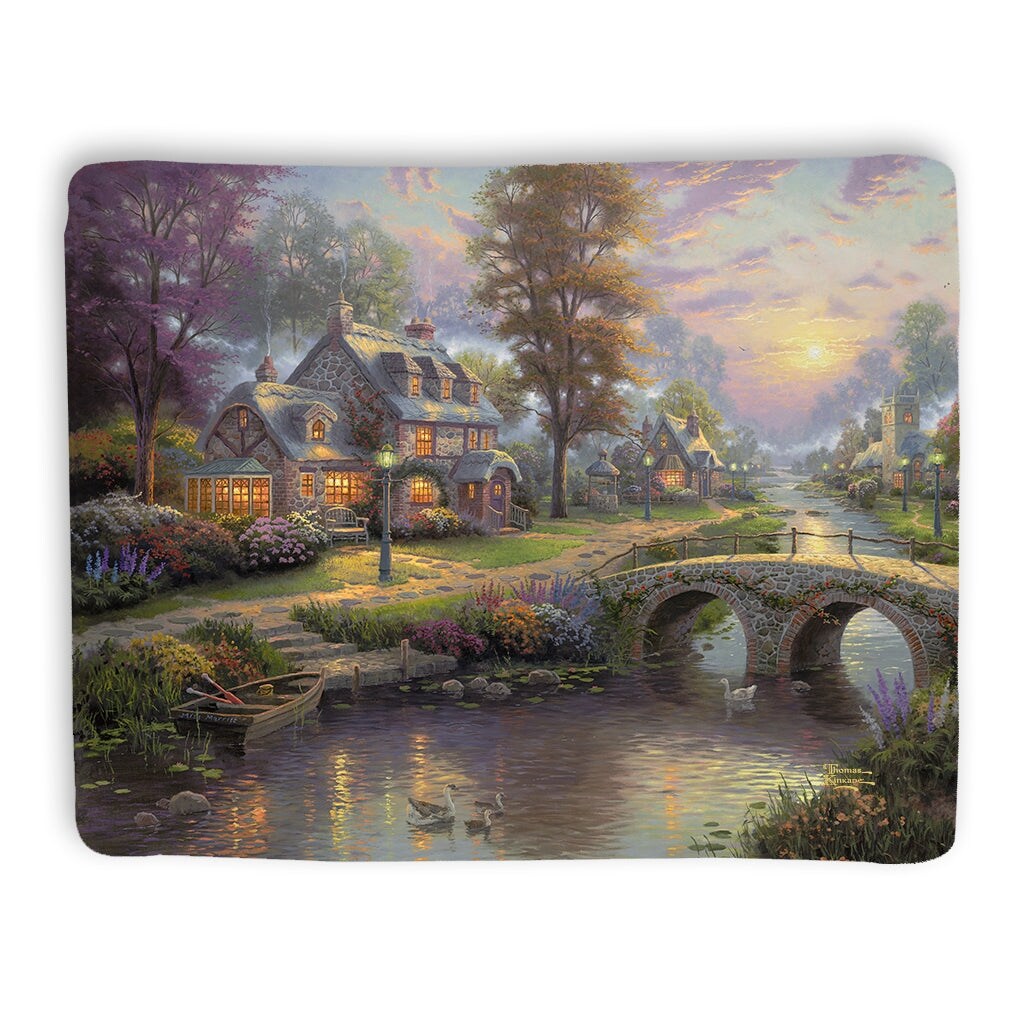 Thomas Kinkade Sunset on Lamplight Lane Sherpa Throw Blanket By Laural Home