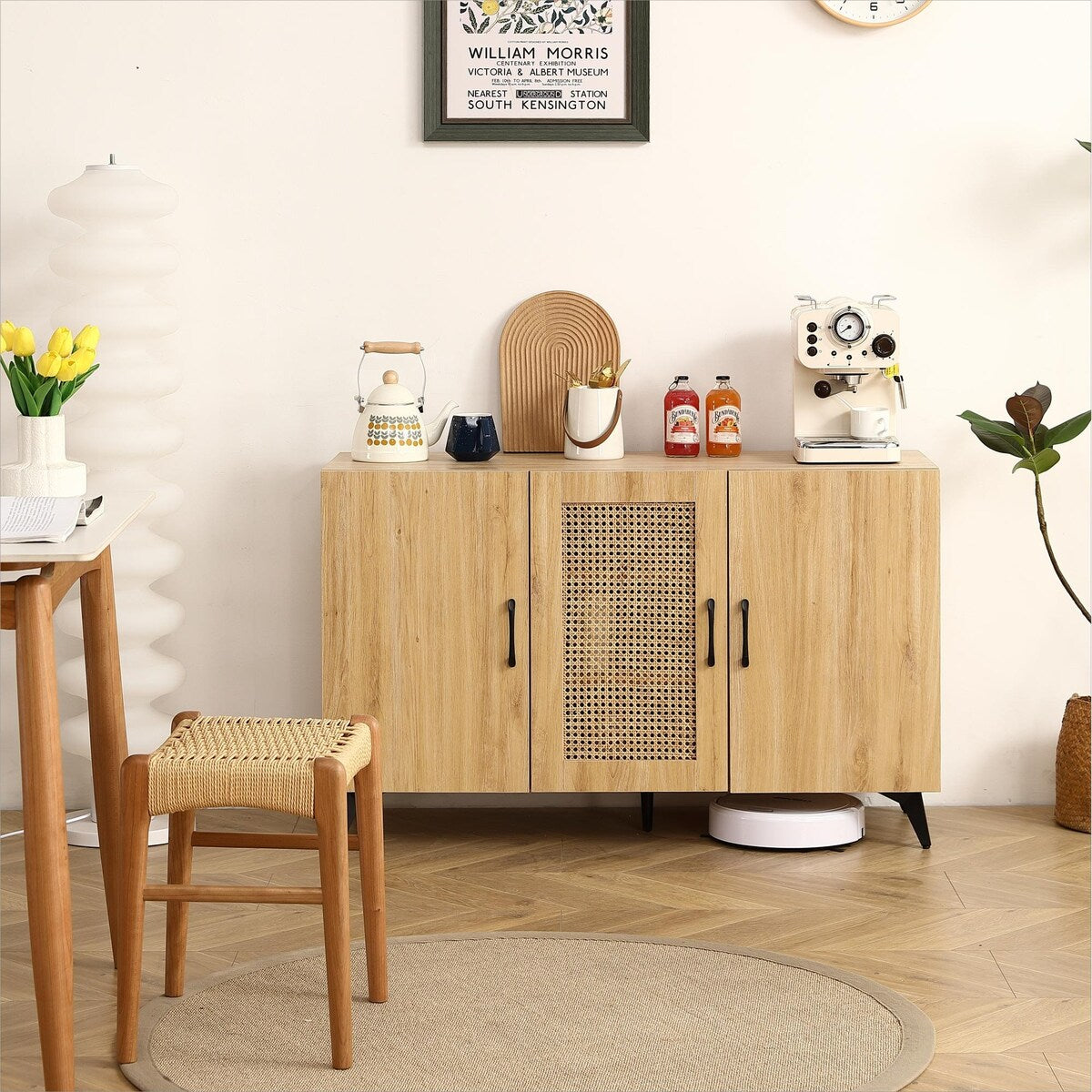 Three-Door Cabinet with Natural Rattan Mesh - Large Storage Space