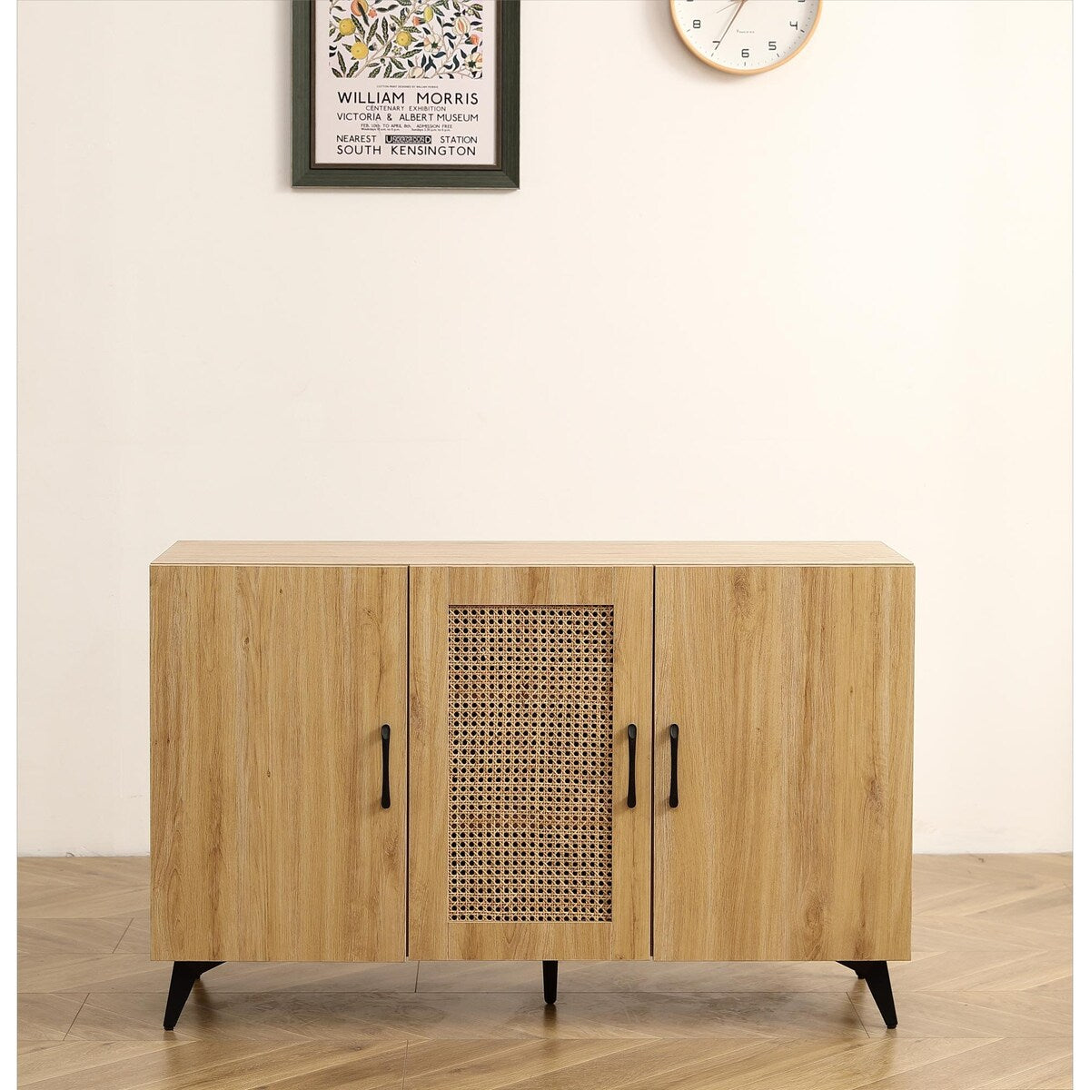 Three-Door Cabinet with Natural Rattan Mesh - Large Storage Space