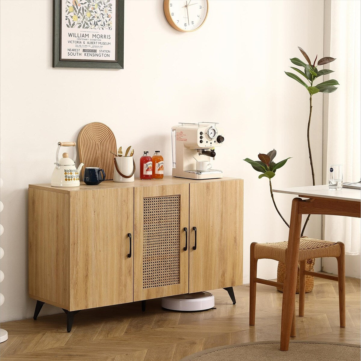 Three-Door Cabinet with Natural Rattan Mesh - Large Storage Space