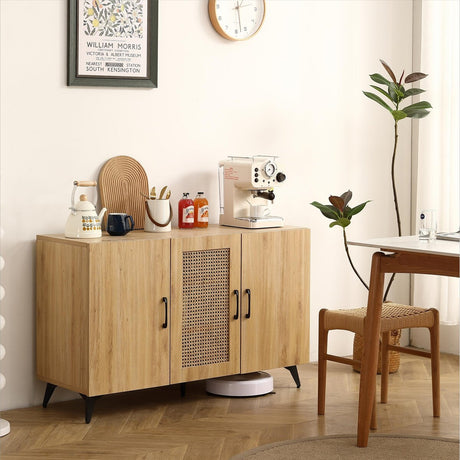 Three-Door Cabinet with Natural Rattan Mesh - Large Storage Space
